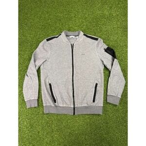 Calvin Klein Bomber Jacket Mens Medium Gray Logo Ribbed Trim Full Zip Winter